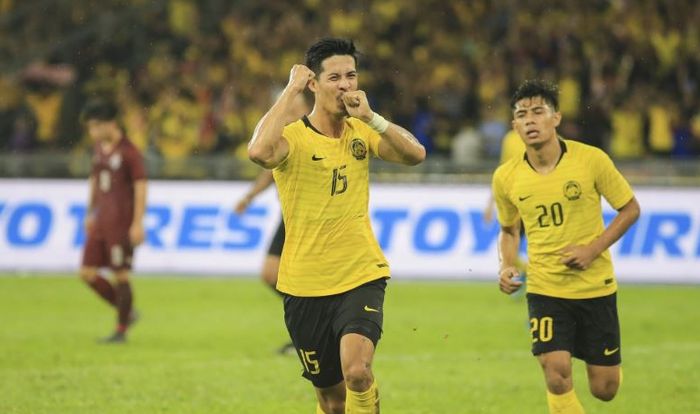 Brendan Gan, gelandang Malaysia yang merayakan gol ke gawang Thailand dalam partai kualifikasi Piala Dunia 2022 di Stadion Bukit Jalil, Kuala Lumpur, 14 November 2019.