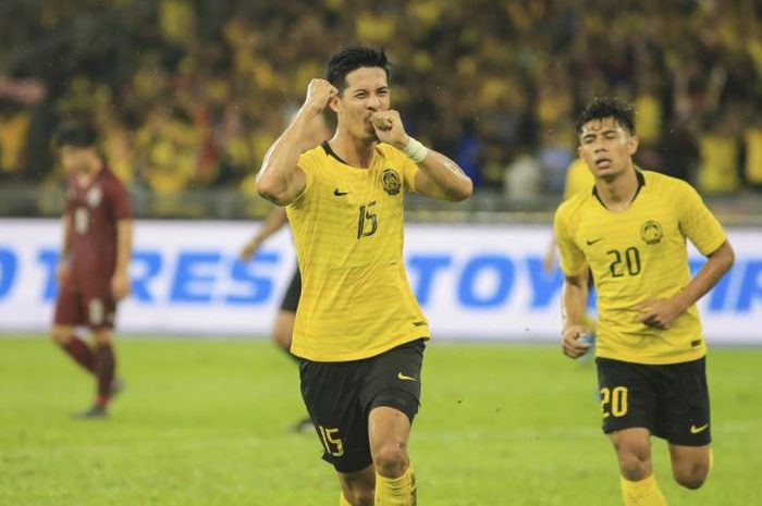 Brendan Gan, gelandang Malaysia yang merayakan gol ke gawang Thailand dalam partai kualifikasi Piala Dunia 2022 di Stadion Bukit Jalil, Kuala Lumpur, 14 November 2019.