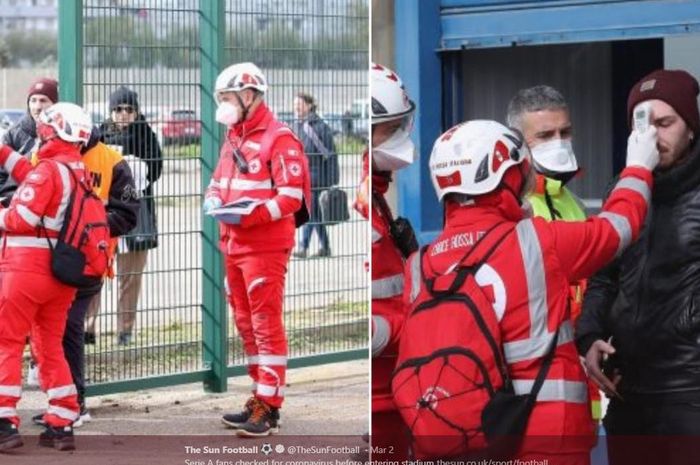 Suporter pertandingan Liga Italia antara Lecce vs Atalanta harus menjalani pemeriksaan sebelum memasuki stadion demi menekan penyebaran virus corona.