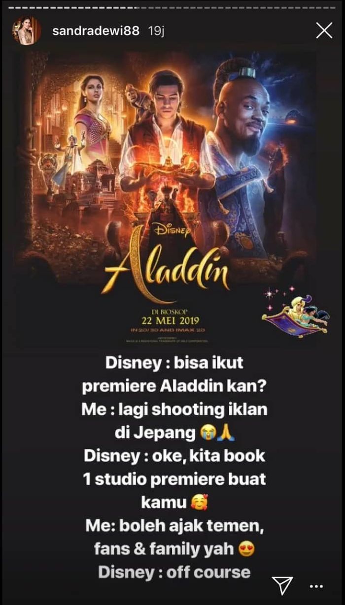 Sandra Dewi dapat layanan khusus dari Disney di gala premiere pemutara film Aladdin.