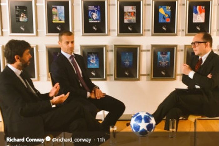 Presiden UEFA, Aleksander Ceferin, (tengah) bersama Presiden Juventus dan Chairman ECA, Andrea Agnelli (kiri).
