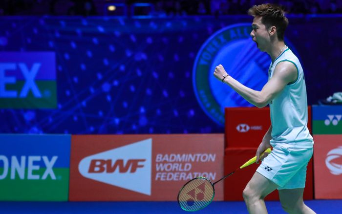 Marcus Fernaldi Gideon/Kevin Sanjaya Sukamuljo berselebrasi pada babak semifinal All England Open 2020 yang dihelat di Arena Birmingham, Inggris, Sabtu (14/3/2020).