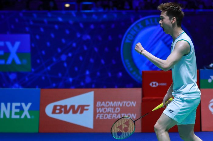 Marcus Fernaldi Gideon/Kevin Sanjaya Sukamuljo berselebrasi pada babak semifinal All England Open 2020 yang dihelat di Arena Birmingham, Inggris, Sabtu (14/3/2020).