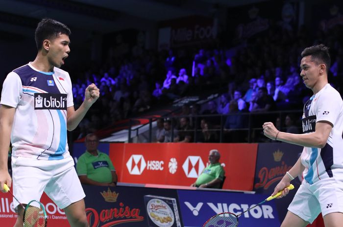 Fajar Alfian/Muhammad Rian Ardianto berlaga pada babak pertama Denmark Open 2019 di Odense Sports Park, Denmark, Rabu (16/10/2019).