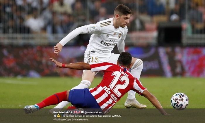 Aksi gelandang Real Madrid, Federico Valverde, dalam final Piala Super Spanyol melawn Atletico Madrid, Minggu (12/1/2020).