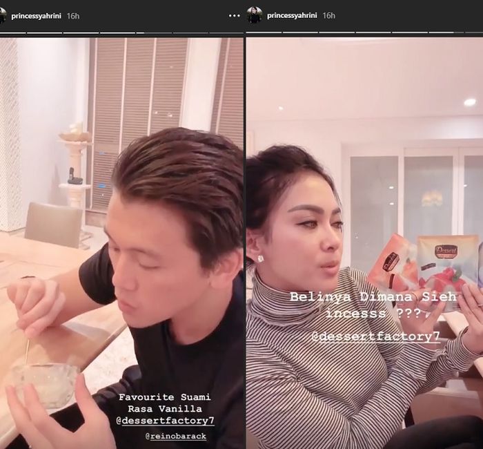 Reino Barack saat mencicipi puding dari Syahrini dan membantu Syahrini promo iklan.
