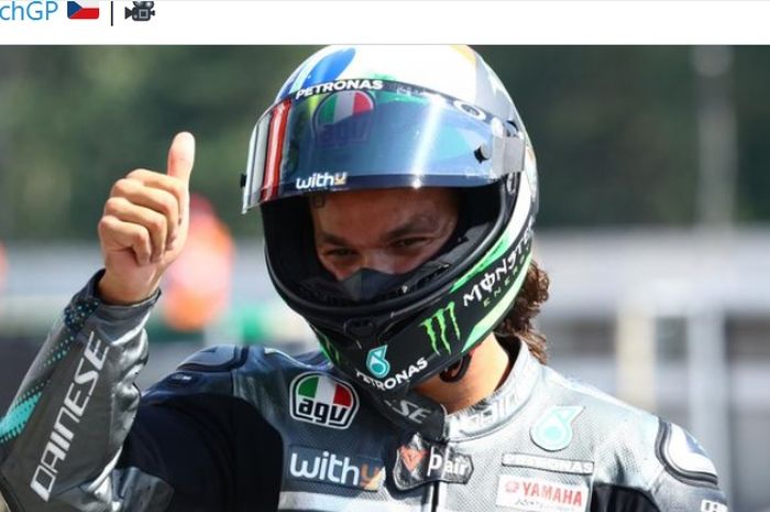 Pembalap Petronas Yamaha SRT, Franco Morbidelli, setelah merebut posisi ketiga pada kualifikasi MotoGP Republik Ceska di Sirkuit Brno, Republik Ceska, 8 Agustus 2020.