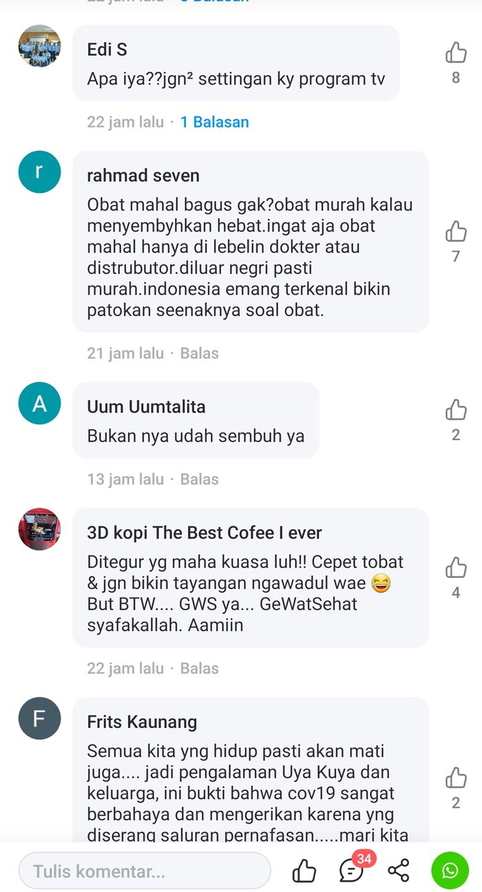 Komentar warganet prihal berita Uya Kuya terpaparCovid-19 di laman Babe (Baca Berita).