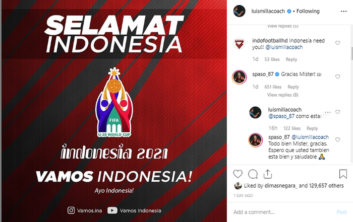 Luis Milla menanyakan kabar Spaso di kolom komentar