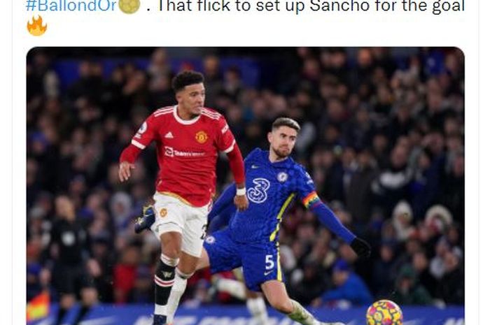 Aksi Jadon Sancho dalam laga Chelsea Vs Manchester United  dalam laga pekan ke-13 Liga Inggris di Stamford Bridge, Minggu (28/11/2021).
