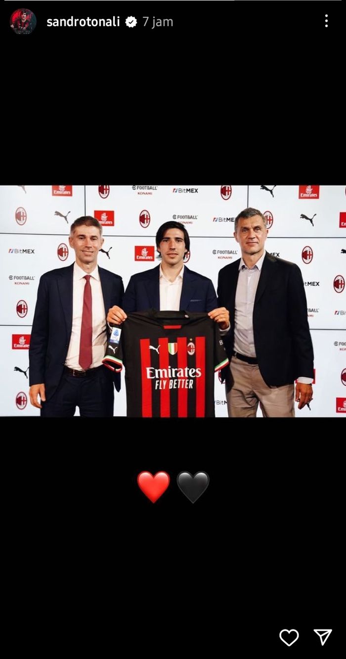 Tangkap layar story Instagram Sandro Tonali soal pemecatan Paolo Maldini dan Ricky Massara oleh AC Milan.