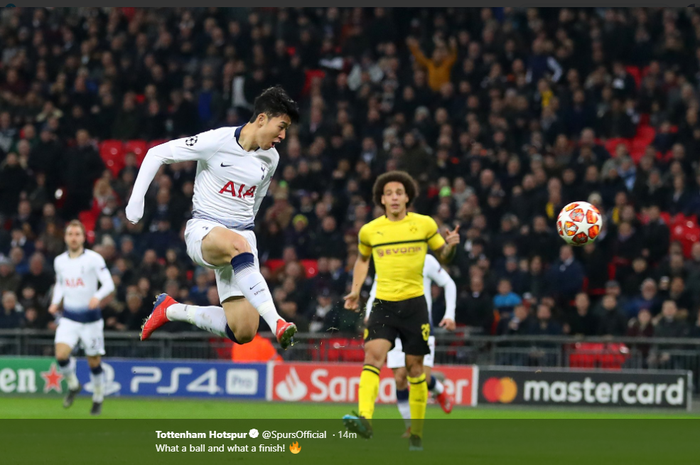 Winger Tottenham Hotspur, Son Heung-min, mencetak gol ke gawang Borussia Dortmund dalam laga leg pertama babak 16 besar Liga Champions, Rabu (13/2/2019) di Stadion Wembley, London.