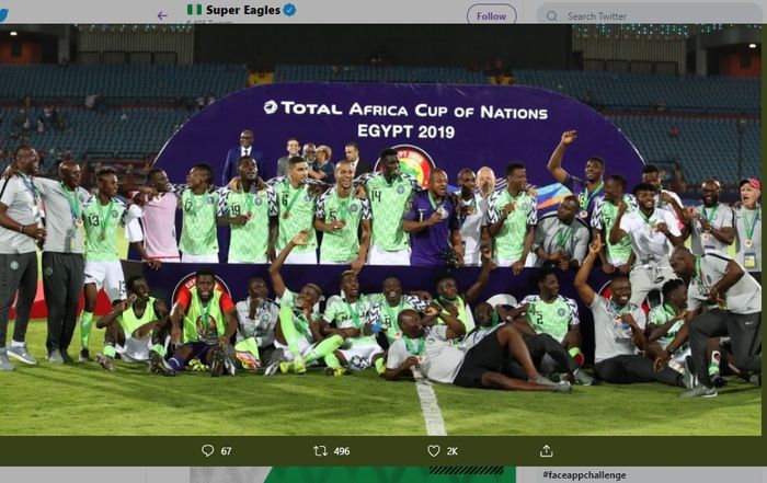 Selebrasi para pemain Nigeria usai meraih peringkat ketiga di Piala Afrika 2019, di Stadion As Salam, Mesir, Rabu (17/7/2019) atau Kamis dini hari WIB.