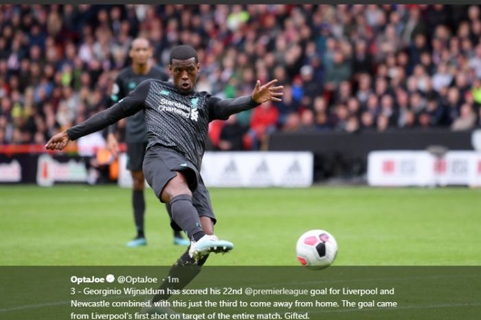 Georginio Wijnaldum saat mencetak gol untuk Liverpool ke gawang Sheffield United di Liga Inggris, Sabtu (28/9/2019).