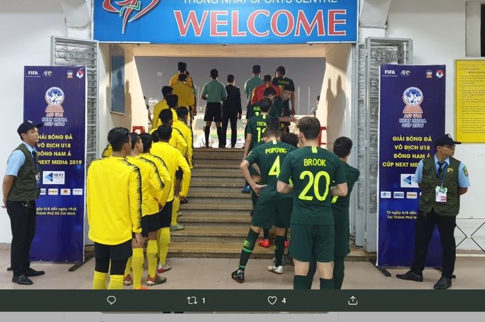 Para pemain Malaysia Vs Australia dalam final Piala AFF U-18 2019, di Stadion Thong Nhat, Vietnam, Senin (19/8/2019) malam WIB.