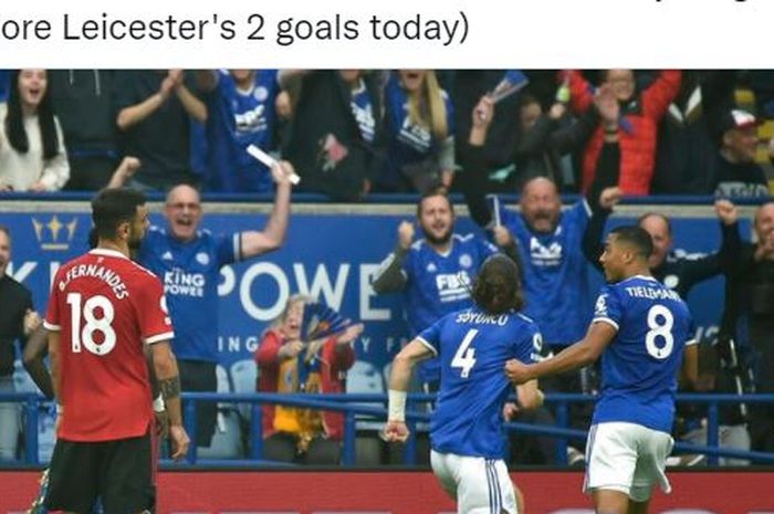 Bek Leicester City, Caglar Soyuncu, merayakan gol ke gawang Manchester United dalam laga Liga Inggris di Stadion King Power, Sabtu (16/10/2021).