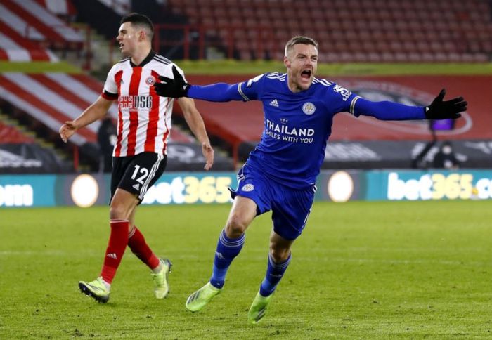 Jamie Vardy menentukan kemenangan Leicester City atas Sheffield United di Liga Inggris, 6 Desember 2020.