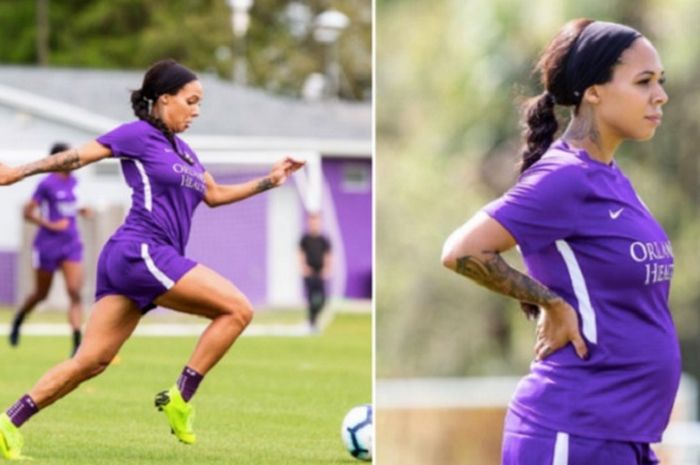 Sydney Leroux, pemain klub Orlando Pride yang berkompetisi di  ational Women's Soccer League (NWSL) tetap berlatih meski telah hamil 5 bulan.