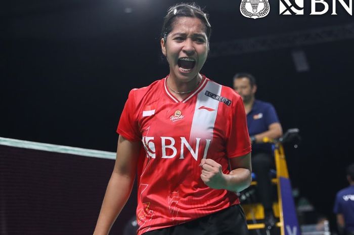 Reaksi tunggal putri Indonesia, Ester Nurumi Tri Wardoyo, saat melawan Busanan Ongbamrungphan dari Thailand pada semifinal Kejuaraan Beregu Asia 2024 di Selangor, Malaysia, 17 Februari 2024.