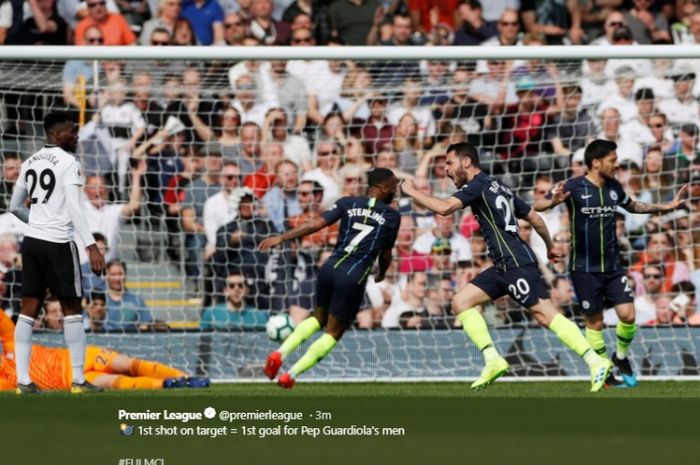 Bernardo Silva saat mencetak gol bagi Manchester City ke gawang Fulham pada pekan ke-32 Liga Inggris, Sabtu (30/3/2019).