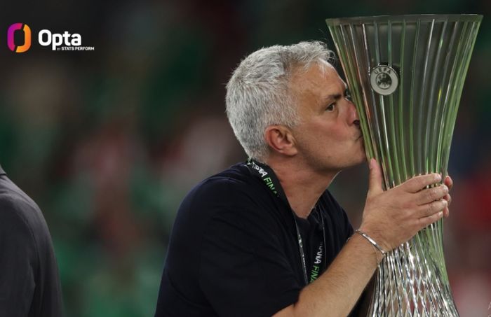 Pelatih AS Roma, Jose Mourinho, mencium trofi UEFA Conference League 2021-2022.