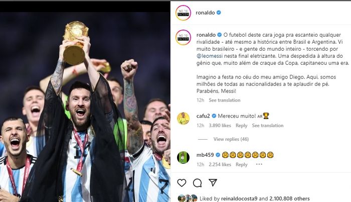 Unggahan ronaldo yang menujukkan pujian pada Lionel Messi usai Argentina juara Piala Dunia 2022