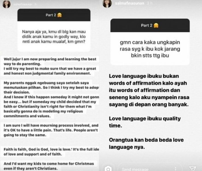 Instastory Salmafina soal jika anaknya nanti pindah agama
