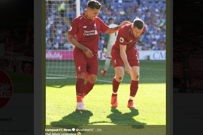 James Milner saat merayakan gol yang ica cetak untuk Liverpool ke gawang Cardiff City di Liga Inggris, Minggu (21/4/2019)