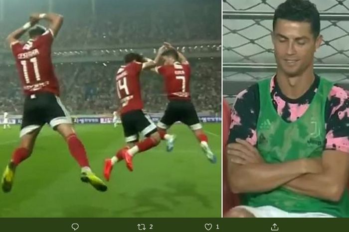 Cristiano Ronaldo cuma menyeringai menyaksikan Cesinha dan rekannya menirukan selebrasi &quot;SIUU&quot; saat Juventus ditahan imbang 3-3 melawan K-League All Stars di Seoul World Stadium, Jumat (26/72019).