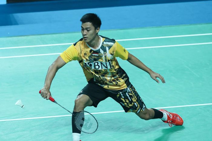 Tunggal putra Indonesia, Shesar Hiren Rhustavito tampil pada babak 32 besar Korea Masters 2023 di Gwangju Women's University Stadium, Korea Selatan, Rabu (8/11/2023).