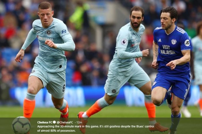 Ross Barkley saat membela Chelsea menghadapi Cardiff City pada laga pekan ke-32 Liga Inggris, Minggu (31/3/2019).