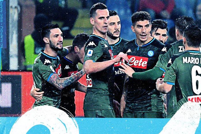 Selebrasi para pemain Napoli usai mengalahkan Sampdoria 4-2 di Stadion Luigi Feraris, pada pekan ke-25 Liga Italia, Senin (3/2/2020) atau Kamis dini hari WIB.