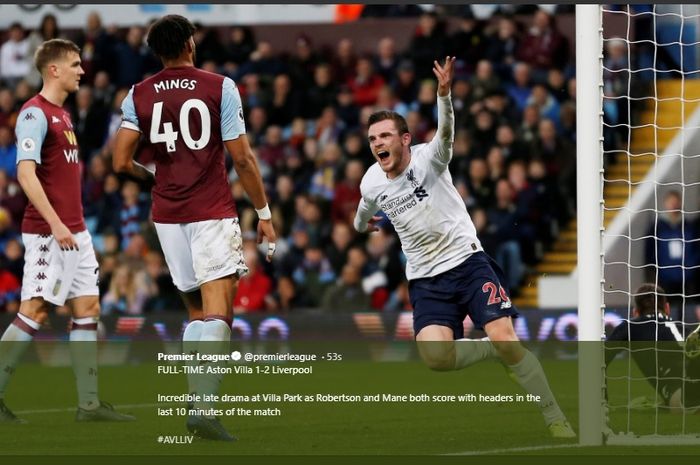 Andy Robertson saat mencetak gol ke gawang Aston Villa pada lanjutan Liga Inggris pekan ke-11, Sabtu (2/11/2019).