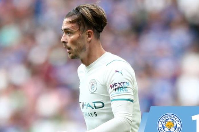 Ekspresi winger Manchester City, Jack Grealish, dalam laga Community Shield kontra Leicester City di Stadion Wembley, Sabtu (7/8/2021).