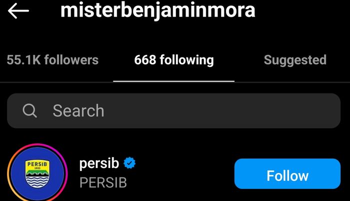 Tangkapan layar instagram Benjamin Mora yang mengikuti instagram Persib Bandung.