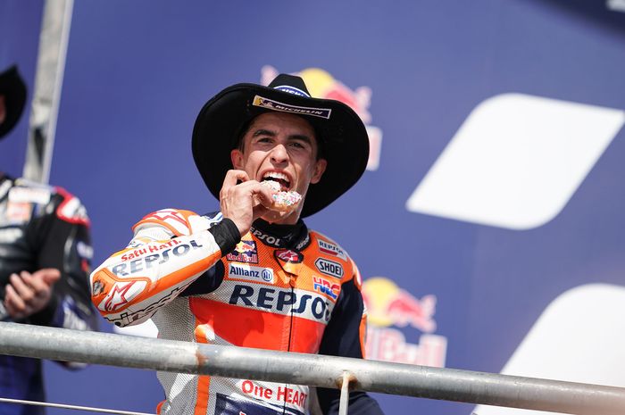 Marc Marquez ketika meraih kemenangan ketujuh di Austin, Texas, pada MotoGP Amerika tahun 2021