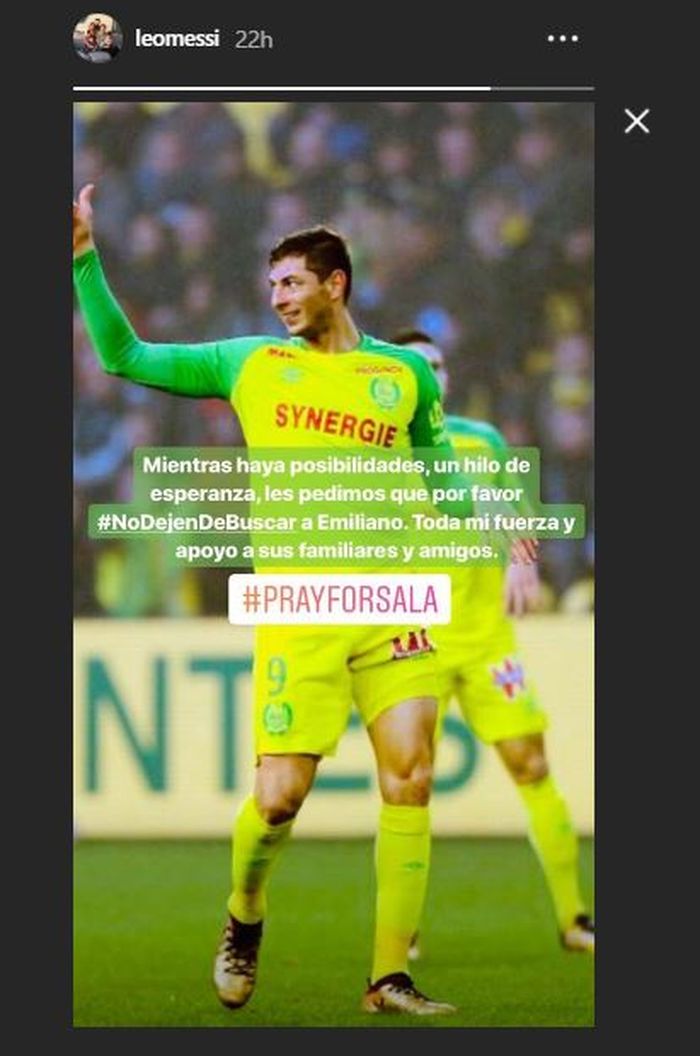 Lionel Messi berharap pencarian pesawat yang ditumpangi Emiliano Sala tetap dilanjutkan.