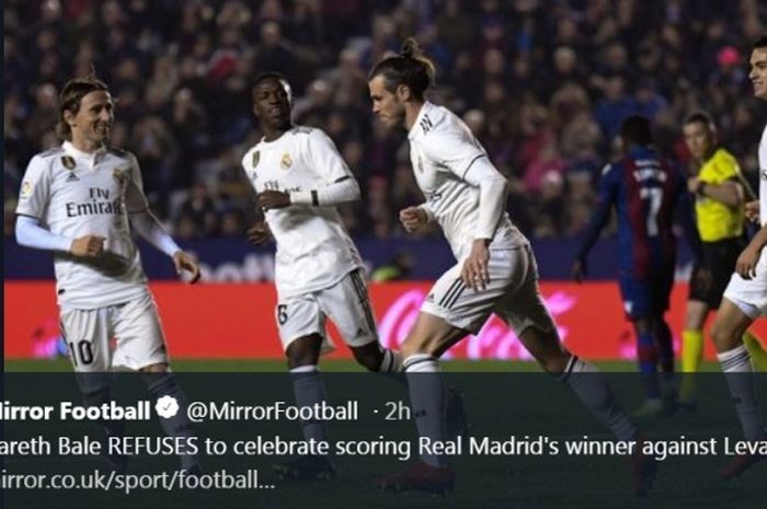 Bintang Real Madrid, Gareth Bale, seusai mencetak gol penalti ke gawang Levante dalam lanjutan Liga Spanyol, Minggu (24/2/2019(