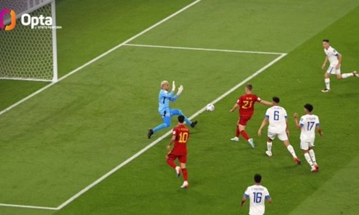 Dani Olmo mencetak gol pertama Spanyol pada menit ke-10 dalam laga Piala Dunia 2022 antara Spanyol vs Kosta Rika, Rabu (23/11/2022)