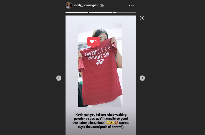 Unggahan Ng Weng Chi yang menanyakan soal bau jersey Kevin Sanjaya