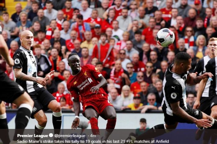 Sadio Mane mencetakk gol kala Liverpool melawan Newcastle United di Liga Inggris, Sabtu (14/9/2019), di Stadion Anfield