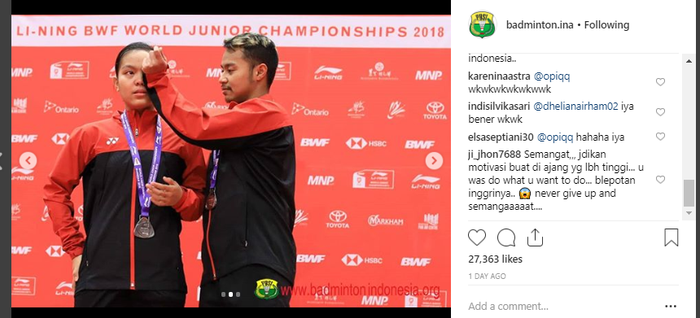 momen air mata Siti Fadia dihapus Rehan Naufal di Podium Kejuaraan Dunia Junior 2018