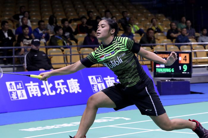 Pebulu tangkis tunggal putri Indonesia, Gregoria Mariska Tunjung, saat berlaga pada babak kesatu Kejuaraan Asia 2019, di Wuhan Sports Center Gymnasium, Wuhan, China, Rabu (24/4/2019).