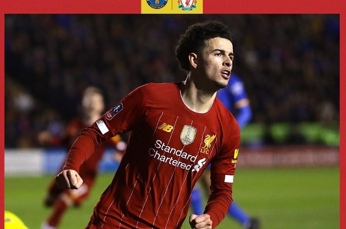 Gelandang Liverpool, Curtis Jones, merayakan gol yang dicetak ke gawang Shrewsbury Town dalam laga babak keempat Piala FA di Stadion Montgomery Waters Meadow, Minggu (26/1/2020).