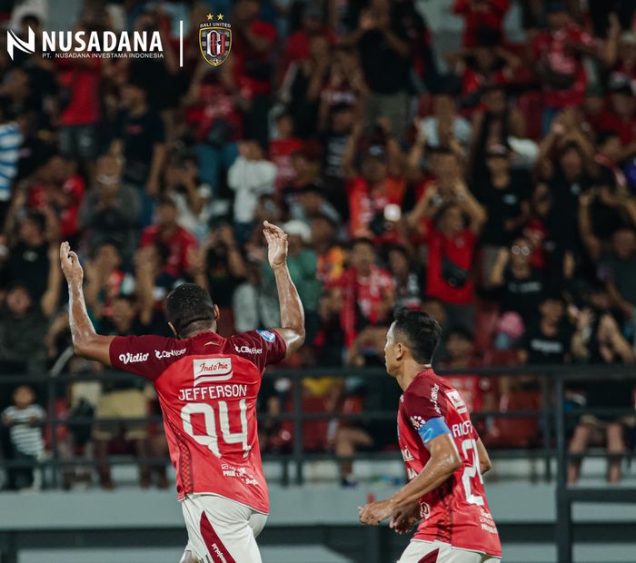 Selebrasi Jefferson Assis saat laga Bali United Vs Madura United di Stadion Kapten I Wayan Dipta, Gianyar, Bali, pada Sabtu (15/7/2023).