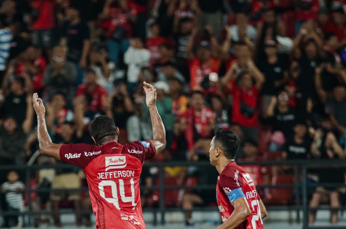 Selebrasi Jefferson Assis saat laga Bali United Vs Madura United di Stadion Kapten I Wayan Dipta, Gianyar, Bali, pada Sabtu (15/7/2023).