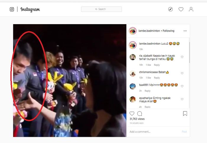 Capture dari akun @lambe.badminton saat M Ahsan menolak salaman dengan bukan muhrim.