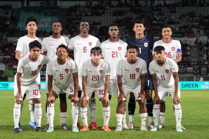 Skuad Timnas U-20 Indonesia pada laga terakhir Seoul Earth On Us Cup 2024 melawan Timnas U-20 Korea Selatan di Mokdong Stadium, Seoul, pada Minggu (1/9/2024).