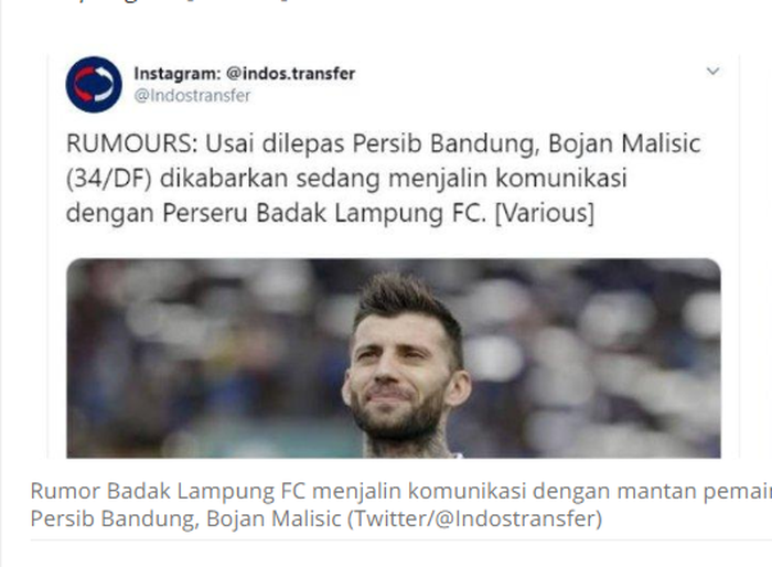 Unggahan twitter tentang rumor transfer Bojan Malisic