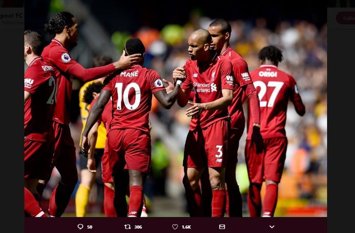 Selebrasi pemain Liverpool saat merayakan gol Sadio Mane dalam laga melawan Wolves di Anfield, Minggu (12/5/2019).